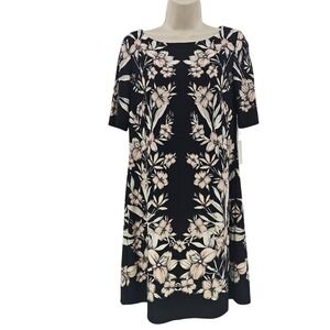 Eliza J Dress Womens Size 6 Black Pink Floral Short Sleeve Midi Stretch New